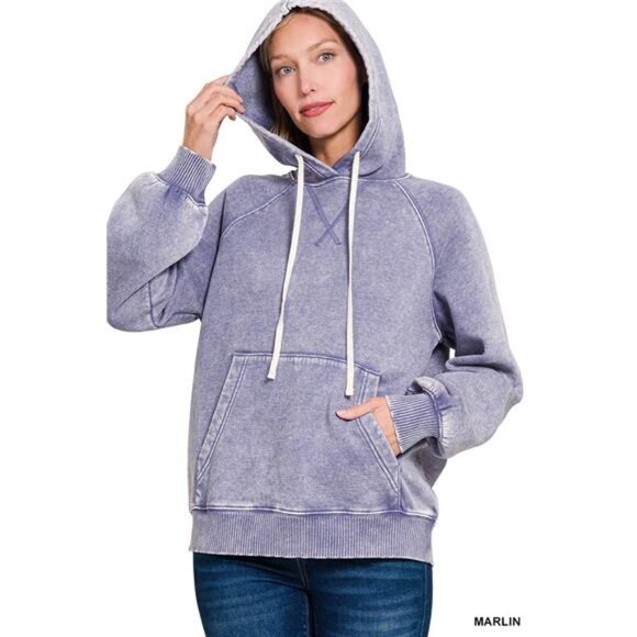 ✨NWT Zenana Acid Wash Fleece Hoodie with Kangaroo Pocket - Picture 1 of 3